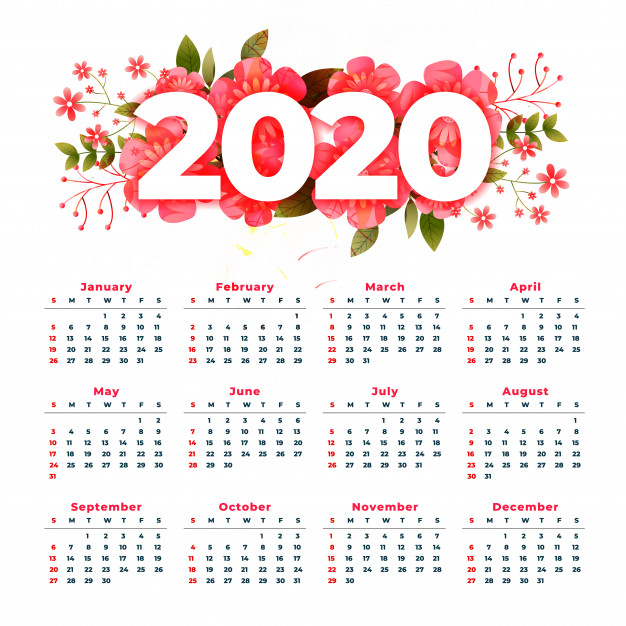 Calendário de 2020 sem flores